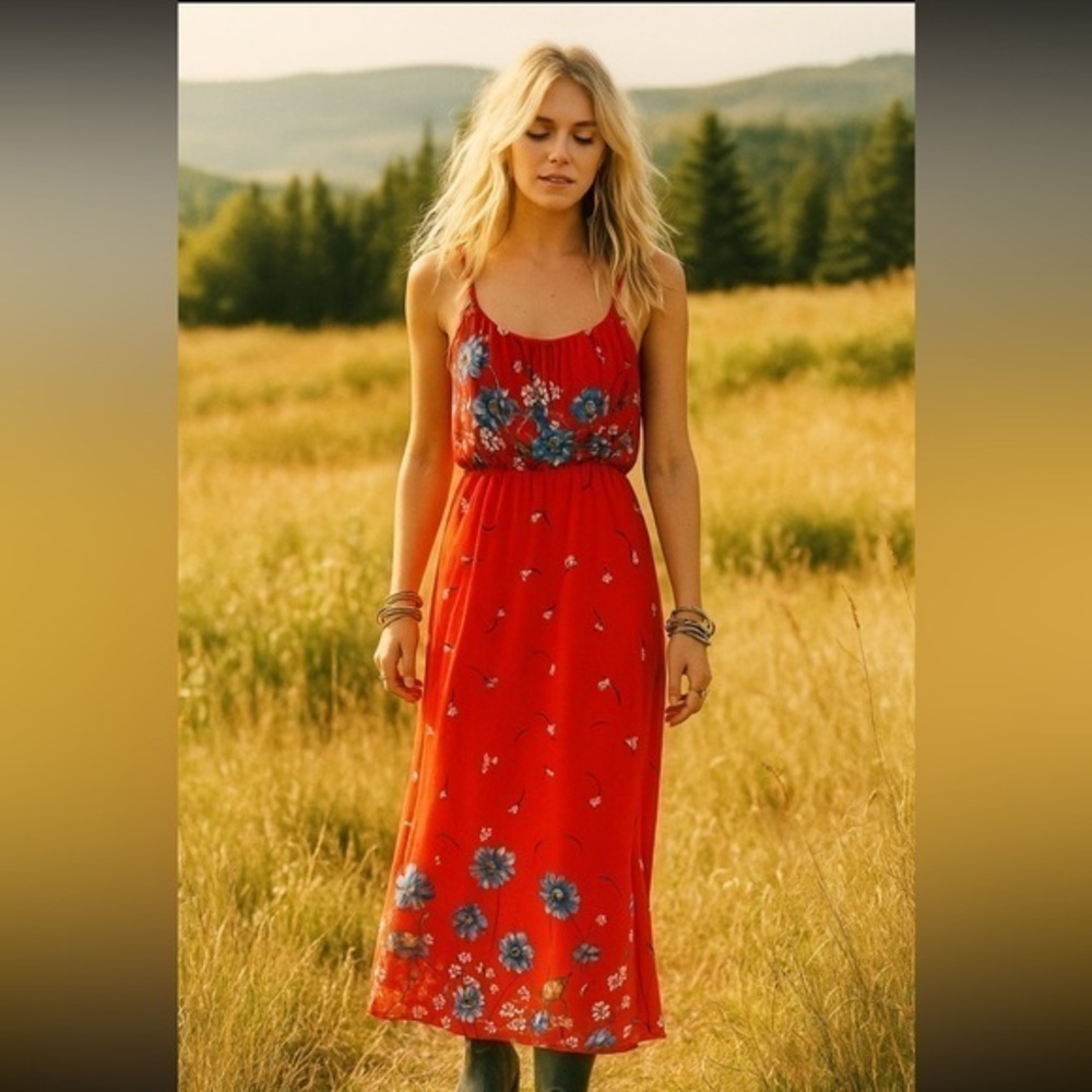 Vintage 1970s handmade maxi style floral red dress